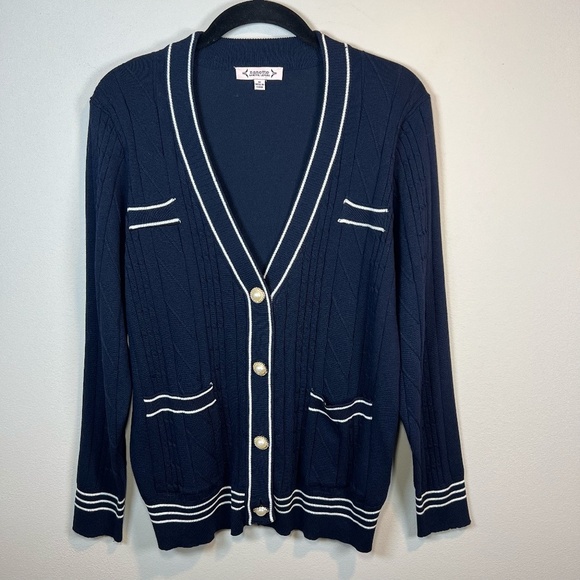 Nanette Lepore Women's Cardigan Sweater Navy Blue White Pearl Buttons  Sz Medium - Picture 1 of 14